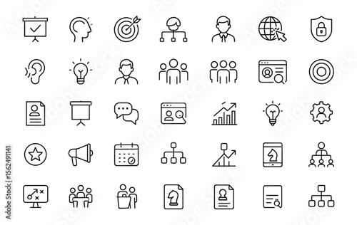 Management editable icon set, modern thin line business icons, functions, goals, pictograms, app infographics, organizational chart icons, corporate strategy symbols, vector illustration.
