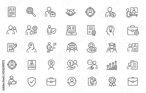 Head Hunting Line Editable Icons Set, vector illustration, human resources icons for recruitment, job interview, candidate search, career development, resume CV talent acquisition process.