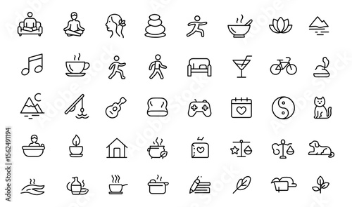Relax line editable icons set vector illustration modern thin line style of relaxation, meditation, yoga, spa, leisure, aromatherapy, reading, cycling, minimalist wellness icon pack.