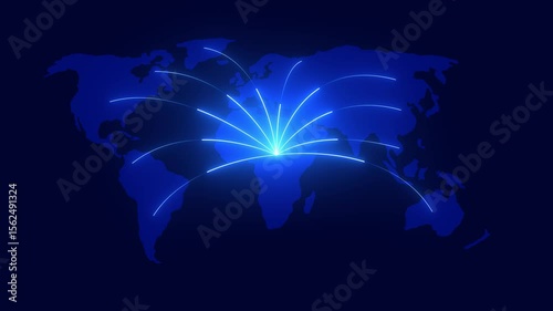 World map with global technology or social connection network. Tech earth globalization in 3d animation. Global Business dots on map planet.