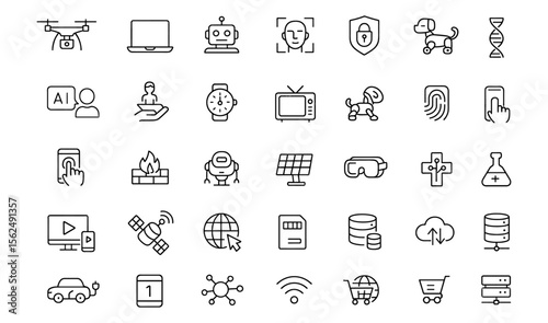 Editable Technology Line Icon Set, modern thin line vector illustration for robotics, face ID, cryptocurrency, cloud computing, blockchain, AI assistant, transparent background.