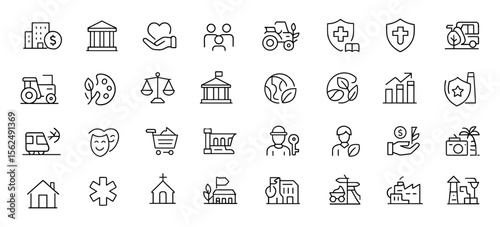 Sector of Society Editable Icon Set, vector illustration of public administration, private enterprise, nonprofit organizations, education, healthcare, technology, social sector icons.