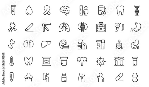 Health Checkup line editable icon set. Vector illustration of medical instruments, doctor, hospital, cancer, ultrasound, thermometer, urology, skeleton, virus, research, infographic, mobile.
