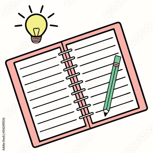 Lightbulb above open notebook with pencil idea writing