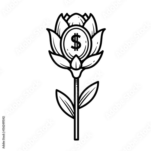 Flower with a dollar sign coin illustration in black and white