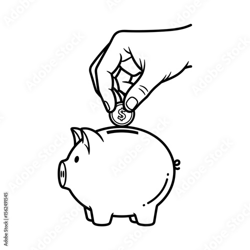Hand inserting a coin into a piggy bank illustration in black and white