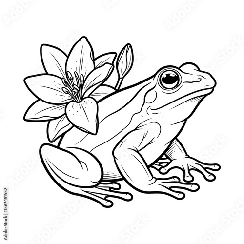 Frog sitting next to a flower in a natural setting for a wildlife concept