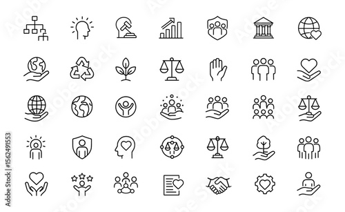 Social governance line icon set, editable thin line vector illustration of public administration, human rights, law, regulation, environment, justice, ethics, sustainability, community