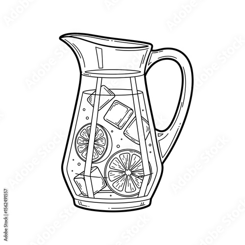 Glass pitcher with lemon slices and ice cubes for a refreshing beverage concept