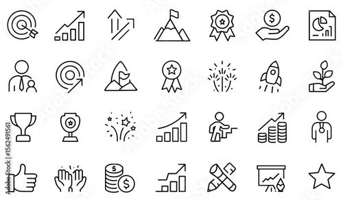 Success editable icon set, vector illustration of modern thin line business icons: growth, achievement, reward, career, profit, strategy, startup, infographic, graphic design, pictogram, symbol.