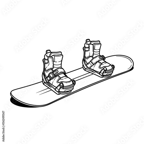 Snowboard with boots attached, ready for winter sports adventure
