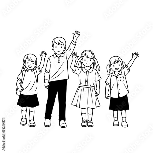 Group of children raising their hands enthusiastically, ready to participate