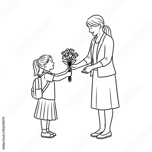 Girl presenting a bouquet of flowers to her teacher in a gesture of appreciation