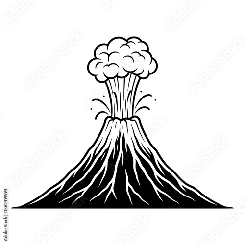 Erupting volcano with cloud and lava in dramatic monochrome illustration