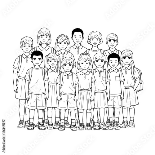 Group of diverse schoolchildren standing together proudly in a classroom setting