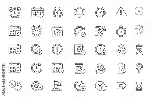 Deadline line editable icon set, thin line vector illustration of modern time management symbols: clock, calendar, alarm, stopwatch, hourglass, task, schedule, planner, office, project timeline