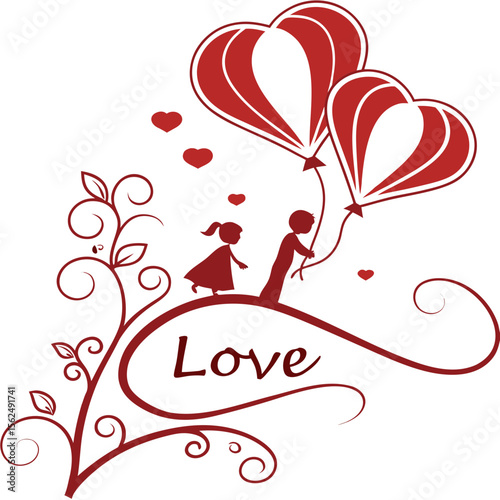 Romantic Love Heart SVG Design  Couple Silhouette with Balloons and Hearts Valentine’s Day Wedding Card, T-Shirt, and Printable Vector Art
