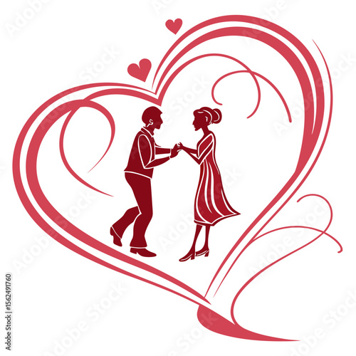 Romantic Love Heart SVG Design  Couple Silhouette with Balloons and Hearts Valentine’s Day Wedding Card, T-Shirt, and Printable Vector Art