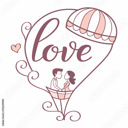 Romantic Love Heart SVG Design  Couple Silhouette with Balloons and Hearts Valentine’s Day Wedding Card, T-Shirt, and Printable Vector Art