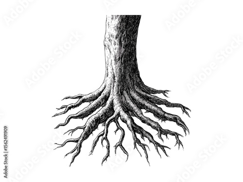 Beech tree roots hand-drawn engraving, vintage botanical art, rustic natural decor, black sketch, tree bark detail, retro woodland illustration, old style print, organic forest design