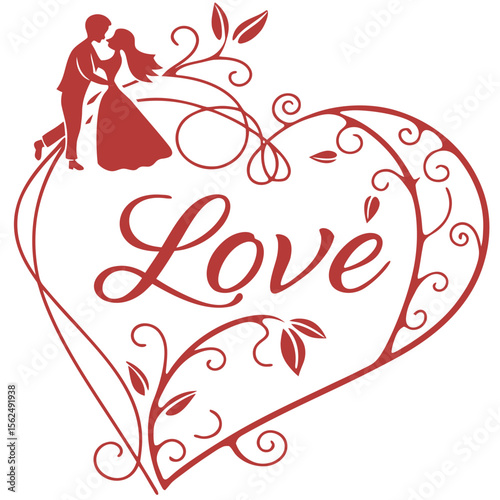 Romantic Love Heart SVG Design  Couple Silhouette with Balloons and Hearts Valentine’s Day Wedding Card, T-Shirt, and Printable Vector Art