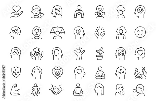 Self awareness and personal growth line editable icon set, vector illustration of self-care, self-love, self-acceptance, mental health, wellness, mindfulness, adaptability, emotional balance.