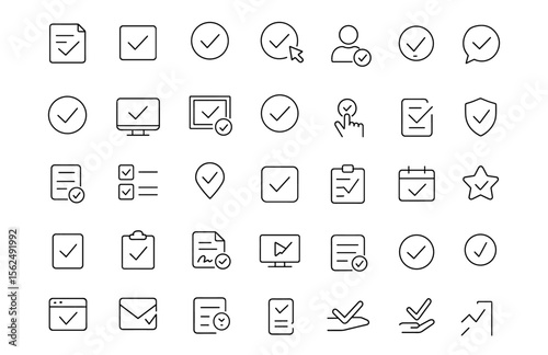 Check Mark editable icon set in modern thin line style, vector illustration of confirmation, checklist, tick, approval, consent, document, contract, business choice, certification, pictogram.