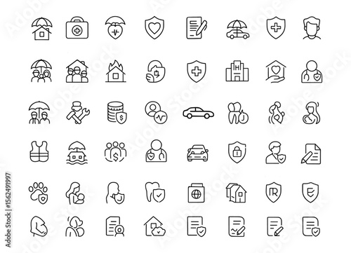 Insurance icon set in modern thin line style. Vector illustration of property, health, life, travel, car, family, business, safety, accident, cargo, risk, policy, document, secure, savings.