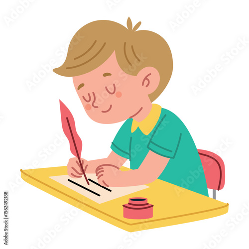 Boy Writing with Red Feather