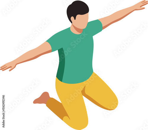 Man jumping with arms outstretched wearing green shirt and yellow pants in dynamic pose vector illustration