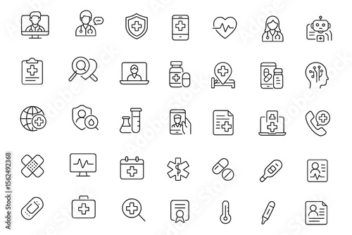 Digital health care icon set in thin line style, vector illustration of medical, treatment, consultation, online checkup, virtual clinic, doctor, pharmacy, patient, technology, diagnosis, software.
