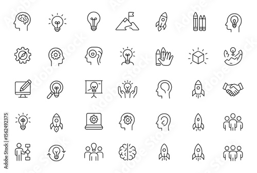 Creative line editable business icons set, thin modern style vector illustration of innovation, ideas, design, development, concept, startup, success, technology, teamwork, isolated, entrepreneurship,