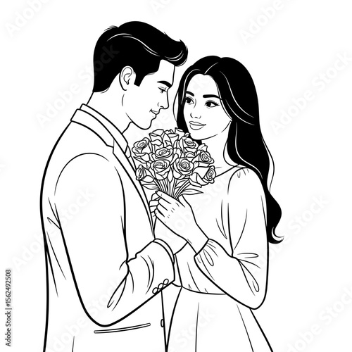 Couple exchanging smiles while holding a bouquet of roses in a romantic setting