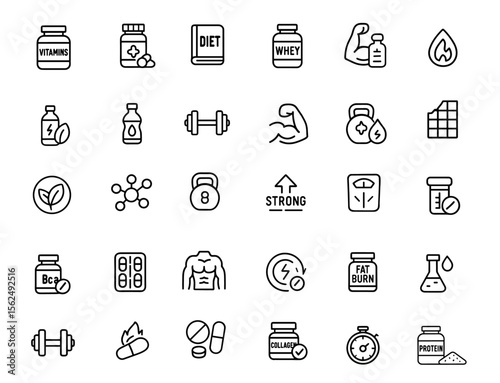 Editable Icons set of sport supplements and healthy lifestyle symbols. Vector illustration in modern thin line style: protein, vitamins, diet, gym, muscle, fitness, recovery, strength, energy, workout
