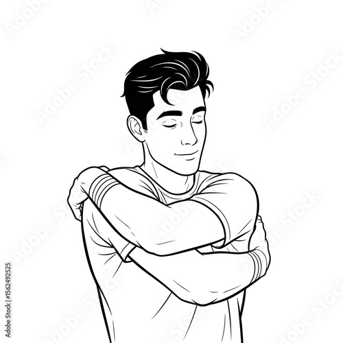 Man giving himself a warm hug in a gesture of self-love and comfort