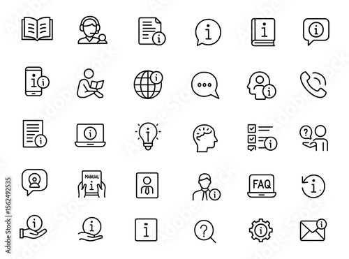 Information line editable icon set, modern thin line vector illustration of manual, guide, support, reading, help, FAQ, info center, chat, contact, document, notification, system, technology