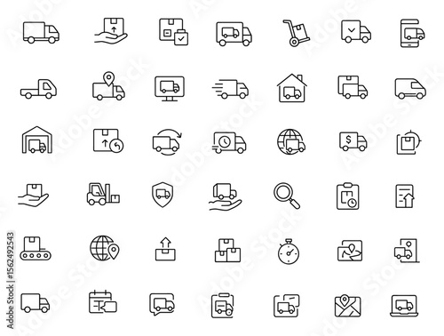 Editable line icons set of truck delivery and logistics in modern thin stroke style. Vehicle, package, courier, transport, warehouse, freight, tracking, distribution, fast shipping, business vector