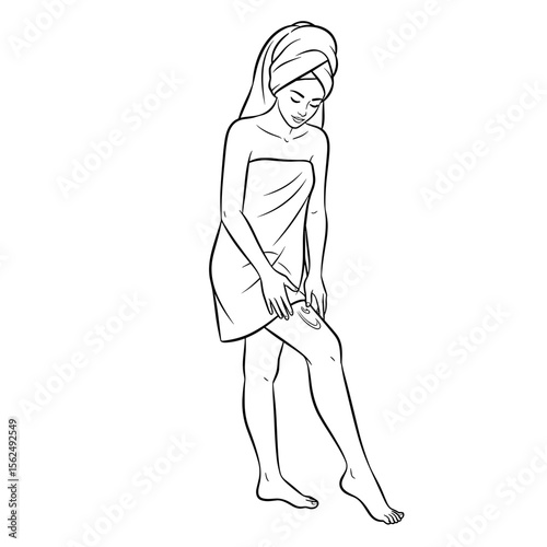 Woman applying post-epilation cream to her leg in a relaxing environment