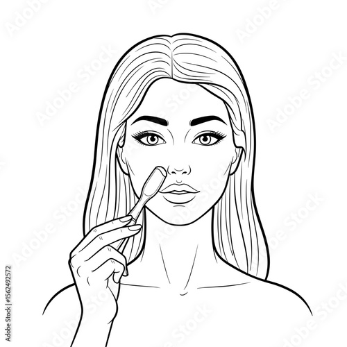 Woman using facial hair removal tool with brush for smooth skin in beauty routine