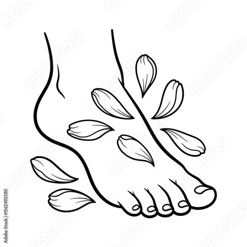 Foot surrounded by petals representing a relaxing spa experience in monochrome
