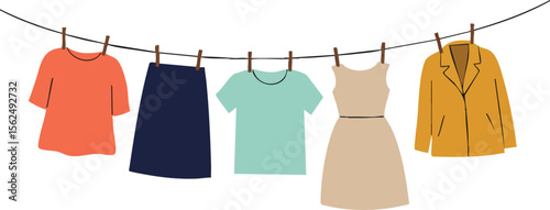 Clothes hanging on a line with colorful casual tops skirt dress and jacket in simple flat style vector illustration