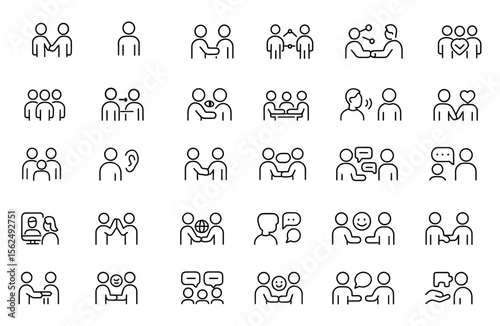 Human Interaction Icon Set. Editable line icons in modern thin style featuring communication, connection, relationships, collaboration, socializing, meetings, support