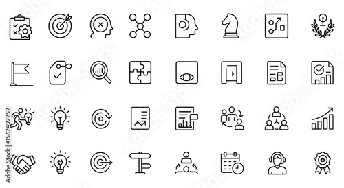 Editable Business Strategy Icons set. Modern thin line vector illustration featuring planning, goals, tactics, leadership, and market research. Isolated on transparent background