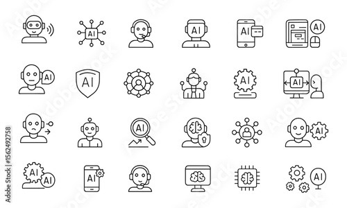 Modern editable line icons set of artificial intelligence agent and technology symbols: AI chatbot, automation, virtual assistant, voice command, robotics, security, and more