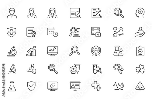 Editable Clinical Study Icons Set. Vector illustration in modern thin line style featuring medicine, patient, placebo effect, research results, trial, treatment, and healthcare symbols