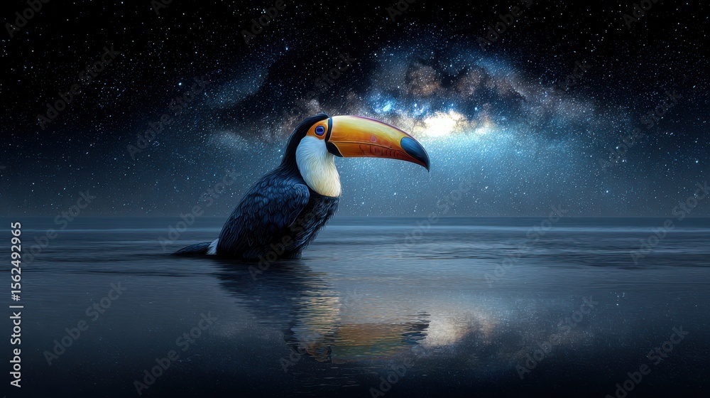 Fototapeta premium Realistic toucan wearing beachwear reflecting on glowing waves under a starry galaxy backdrop