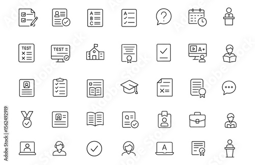Exam icon set. Modern thin line vector illustration of editable education symbols: test, result, questionnaire, answer, assessment, score, grade, certificate, quiz, student, school, online.