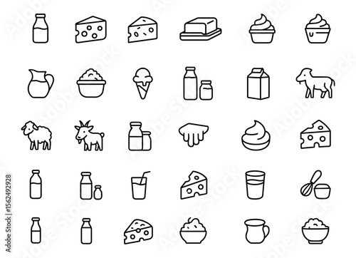 Dairy icon set, editable stroke vector illustration of milk, butter, cheese, yogurt, kefir, sour cream, ice cream, cottage cheese, organic beverage pictograms, food infographic symbols, packaging