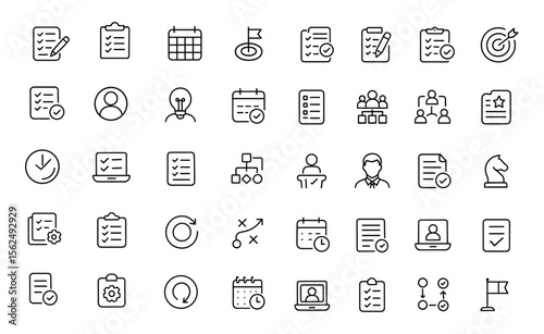 Task management icon set. Modern thin line editable vector illustration with job, checklist, project, to do list, planning, calendar, document, workflow, goal, business, organisation