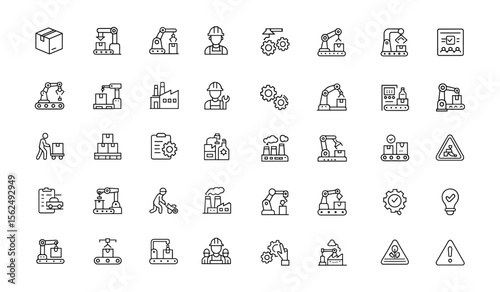 Factory icon set, editable thin line vector illustration. Modern industry pictograms of machinery, production, assembly, distribution, automation, fabrication, mobile app infographic